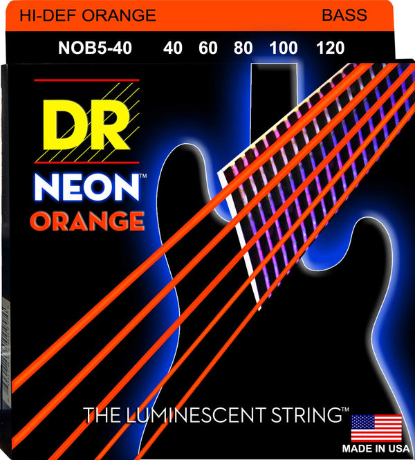 DR Handmade Strings Neon Orange Coated 5-String Bass Strings, Light (40-120)