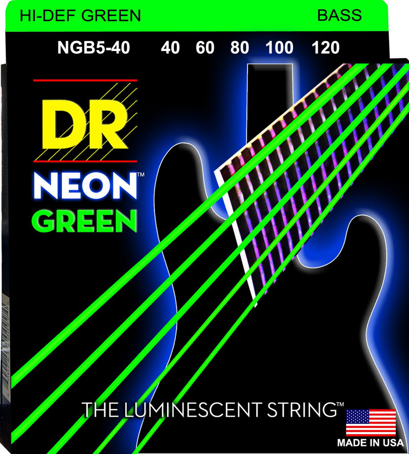 DR Handmade Strings Neon Green Coated 5-String Bass Strings, Light (40-120)