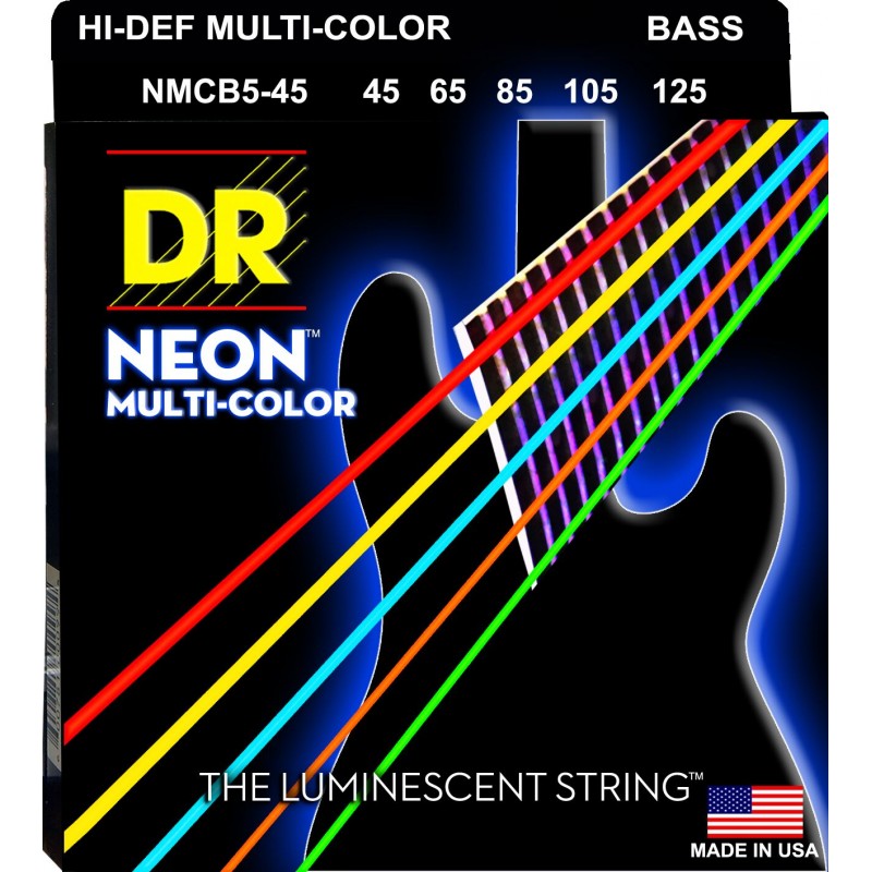 DR Handmade Strings Neon Multi-color Coated 5-String Bass Strings, Medium (45-125)